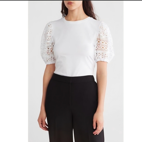 Ellen Tracy Tops - Ellen Tracy Crispy White Lace Sleeve Top Medium Eyelet Lace Sleeves NWT